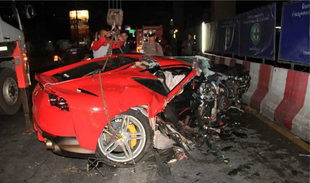 Ferrari Wrecked in Thailand Crash – Driver and Passenger Escape